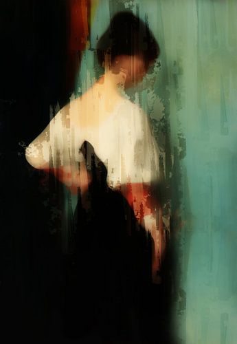 Vintage portret van een jonge vrouw in roestbruin, groen en warmrood.