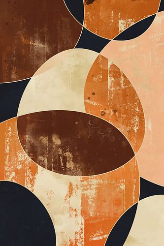 Modern kunstwerk met ronde geometrische vormen in oranje bruin goudgeel en zalm