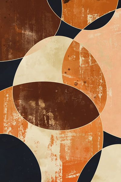 Modernes Kunstwerk mit runden geometrischen Formen in Orange, Braun, Gold, Gelb und Lachs von Emiel de Lange
