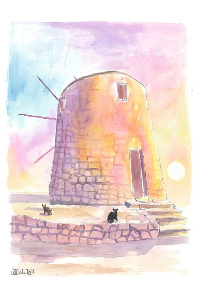 Charmante île grecque Moulin à vent Méditerranée au coucher du soleil avec des chats par Markus Bleichner