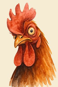 WAT zei je?! (AI) ( bijdehand haan grappig humor aquarel schilderij close-up kop komisch brutaal kip) van Natalie Bruns