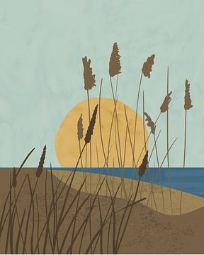 Minimalistische illustratie van duinen bij zonsopkomst