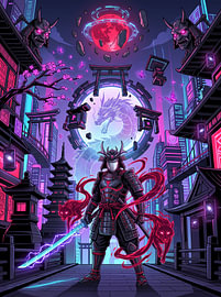 Illustration graphique de science-fiction : guerrier samouraï cyberpunk, dragon japonais et lune de sang sur The Deeper Way