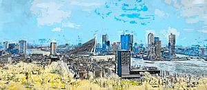 Getekende panorama van de Rotterdamse skyline van Arjen Roos