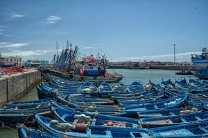 Blaue Fischerboote im Hafen von Essaouira in Marokko