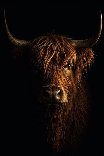 Portret van een Schotse hooglandkoe in rustieke, donkere stijl