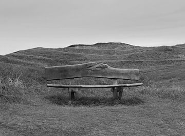 Bankje in het landschap op Texel in zwart wit van Jose Lok