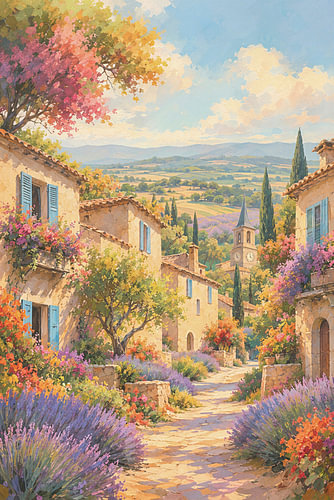 Sonnige Straße in der Provence mit Lavendel und einem Kirchturm im impressionistischen Stil