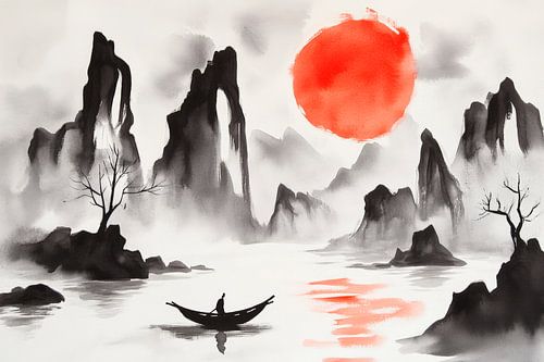 Peaceful landscape with boat and sun
