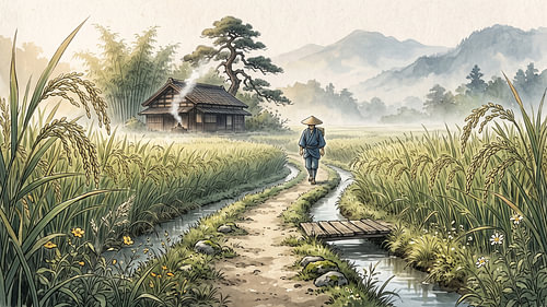 Peaceful Path Through Japanese Ricefields