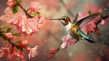Een Betoverende Vliegende Kolibrie te Midden van de Lente's Bloemenpracht van New Visuals