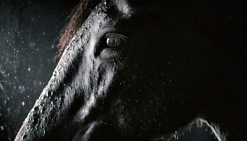 Paard in de regen met regendruppels