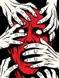 Hände bedecken das Gesicht – Horror – Roter Dämon – Kunst