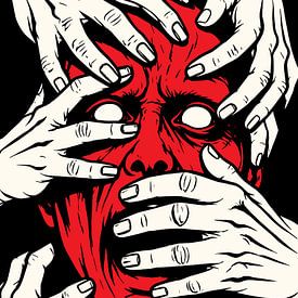 Hände bedecken das Gesicht – Horror – Roter Dämon – Kunst von Ramy Salah Hefny