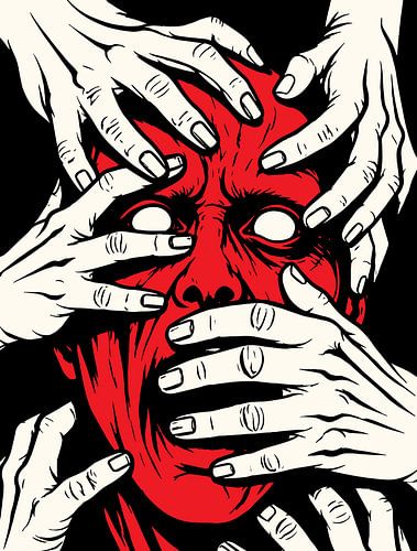 Handen die het gezicht bedekken – Gruwelijke kunst met een rode demon