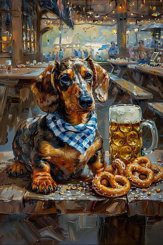 Teckel met een pretzel in München