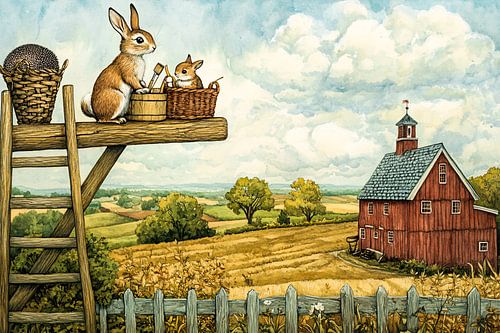 Paysage de ferme rustique avec lapins
