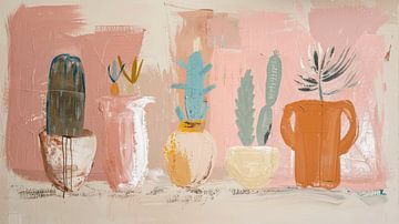 Cactus family in pots. Terracotta, bohemian style