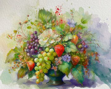 Fruitig boeket met bloemen en fruit van Pieternel Fotografie en Digitale kunst