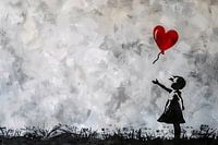 Silhouette eines Mädchens mit rotem Luftballon vor abstraktem Hintergrund