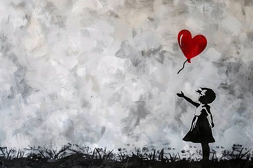 Silhouet van meisje met rode ballon tegen abstracte achtergrond