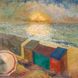 Zeezicht met ondergaande zon boven de Noordzee - Olieverf op doek van Galerie Ringoot