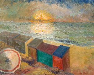 Zeezicht met ondergaande zon boven de Noordzee - Olieverf op doek van Galerie Ringoot