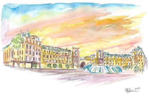 Munich Bavière Karlsplatz Stachus au coucher du soleil