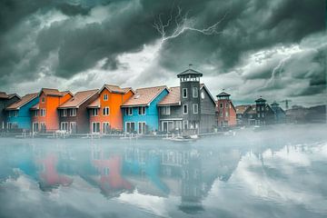 Dramatische Foto van Reitdiep Groningen: Kleurrijke Huizen Onder Dreigende Donkere Wolke van Elianne van Turennout