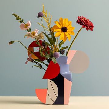 Vintage kunstzinnig stilleven met vaas en bloemen van Digitale Schilderijen