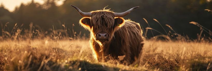 Panorama van een schotse hooglander tijdens het gouden uur van Digitale Schilderijen