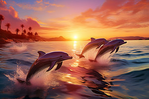 springende Delfine im Meer bei Sonnenuntergang
