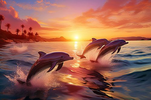 Springende dolfijnen in zee bij zonsondergang