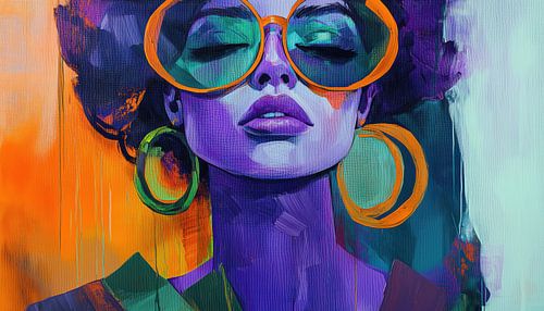 Kleurrijke en moderne vrouw met oorbellen en zonnebril abstract panorama