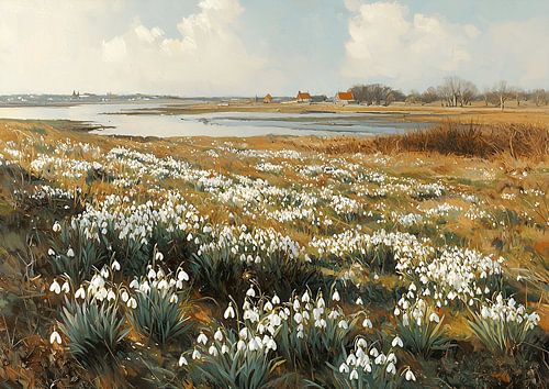 Spring meadow with snowdrops by the lake