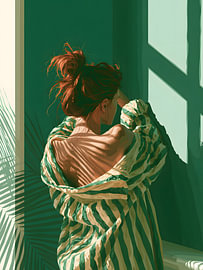 Frau in gestreiftem Morgenmantel am Fenster von Mosaic Dialogue