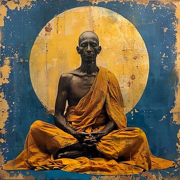 Buddhist in Schneiderei mit goldenem Kreis und blauem Vintage-Hintergrund von Lauri Creates