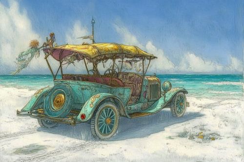Drawing of an old, antique car on a beach, facing the sea Fantasy Road Trip