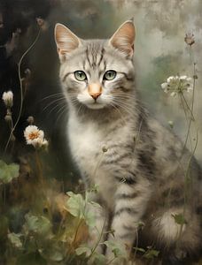 Chatte rayée parmi les fleurs sauvages