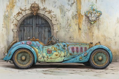 Drawing of a vintage car, convertible 