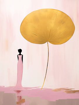 Japandi, woman and Lotus flower in Pink and Gold by Caroline Guerain