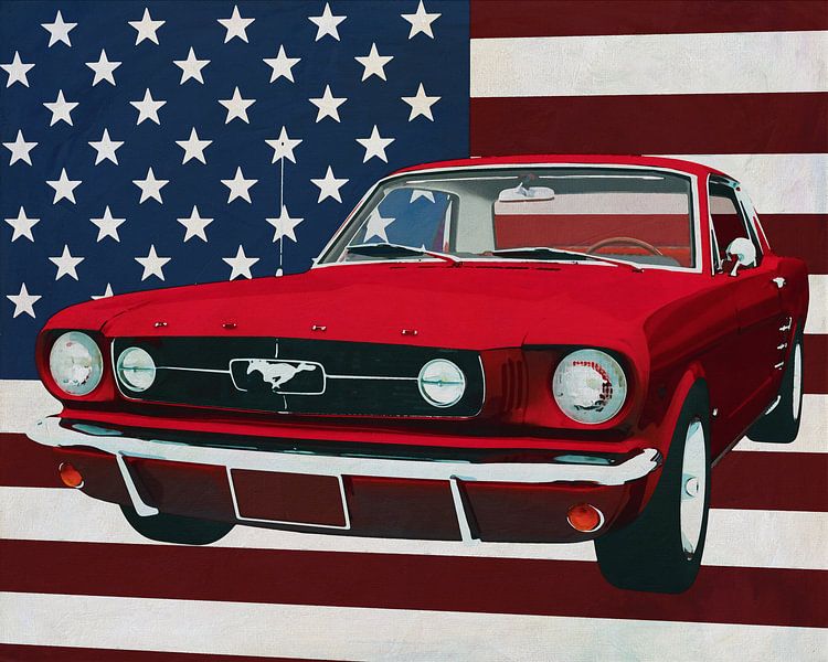 Ford Mustang 1964 GT in front of the American flag by Art to make a house your home