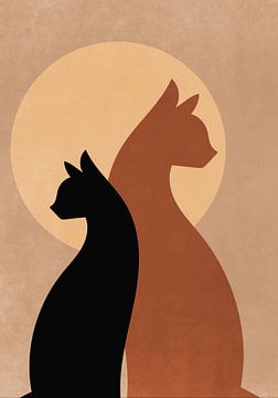 Twee bohemian katjes in terra cotta kleuren met een opgaande zon. van Bianca van Dijk