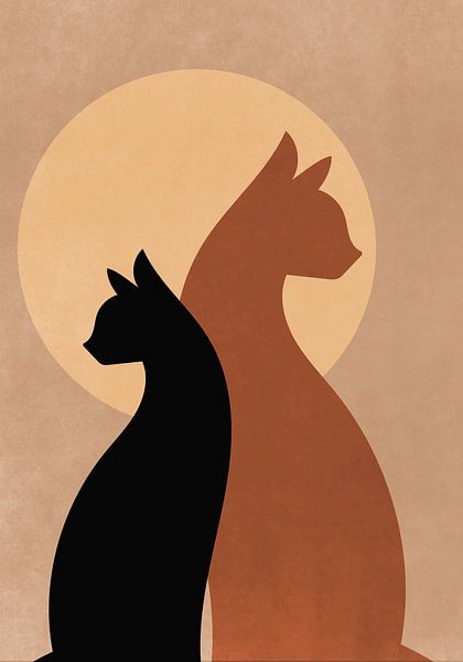 Twee bohemian katjes in terra cotta kleuren met een opgaande zon. van Bianca van Dijk