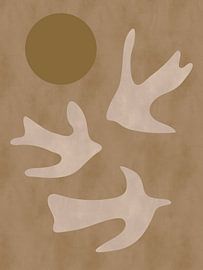 Minimalistische, abstracte boho-wanddecoratie met vogels en zon in oker II van Dina Dankers