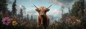 Atmosphärisches Blumenfeld mit robustem Highlander