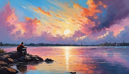 Een visser bij een kleurige rivier