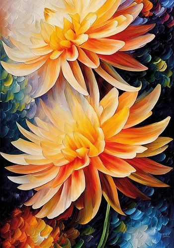 Gros plan d'un beau dahlia détaillé, peinture à l'huile, vif