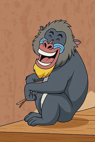 Lachende mandril op het houten podium van Jose Lok