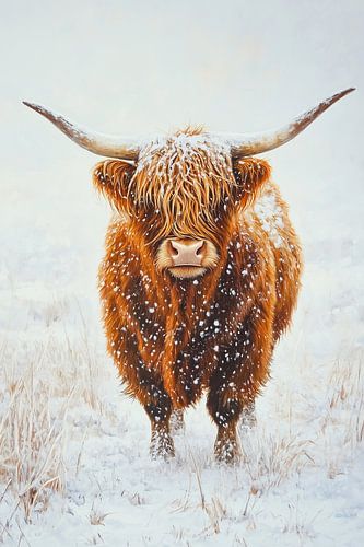 Schottischer Highlander im Schnee